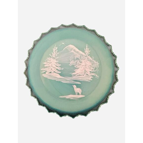 Fenton Blue Custard Uranium Glass Miniature Mountain Landscape Dated ‘83 Plate - Picture 4 of 7